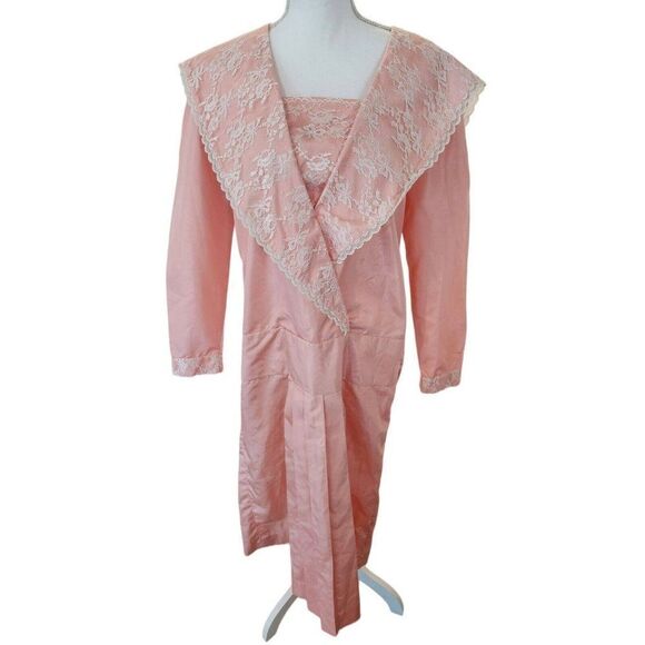 Vintage 80s Pretty In Pink Long Sleeve Maxi Lace Dress L Modest Prairie Bib - Picture 1 of 6